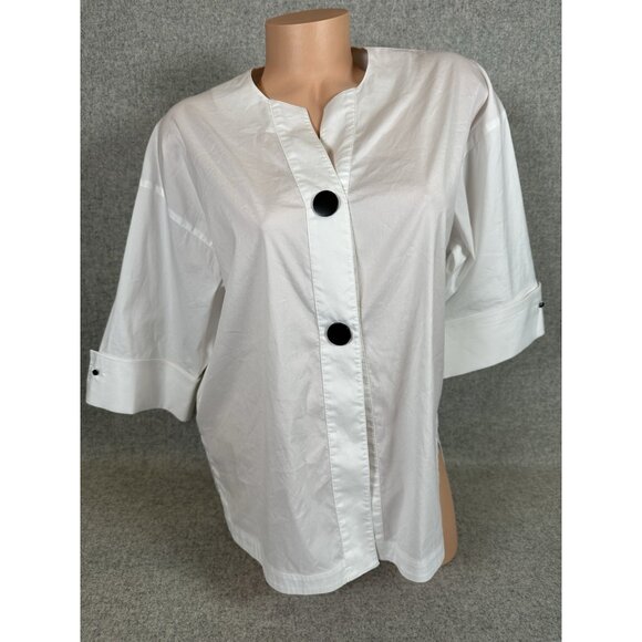 Ming Wang Two Button Top Small White Black Half Sleeve Lightweight Cotton Blend - Picture 1 of 16